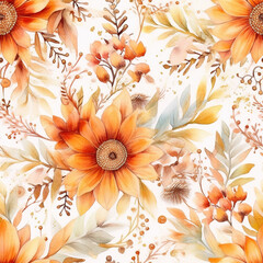 Floral seamless pattern in warm boho style. Flowers and decor in repeated background. Ai generated watercolor