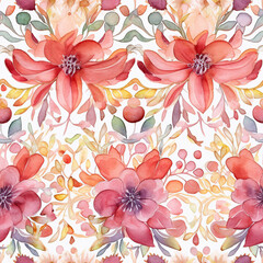 Floral seamless pattern in warm boho style. Flowers and decor in repeated background. Ai generated watercolor