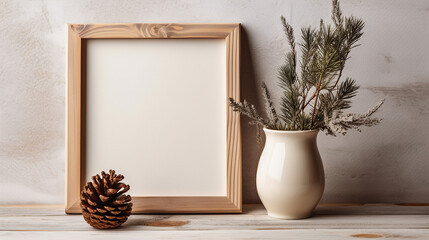 mock-up of frame made of rough wood on light background with pine branch. Generative AI