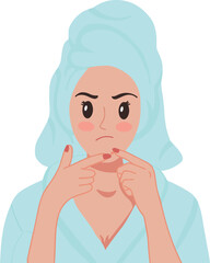 Portrait a woman with towel on her hand popping pimples acne skin illustration