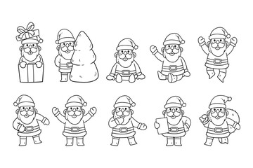 Set of Santa Claus character hand-drawn outline sketch illustration
