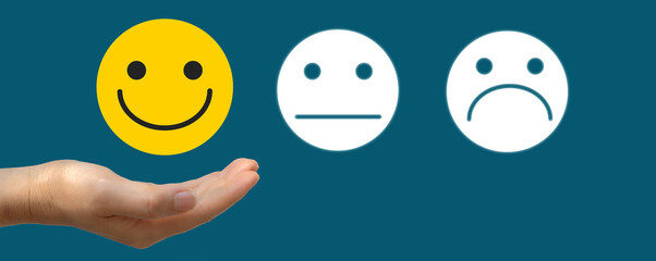 Hand holding happy face smile, happy, emotion, relax, satisfaction survey, customer services,...