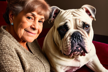 Digital photo of a cute English bulldog and happy elderly couple sitting on the cozy sofa in the modern living room. Generative AI