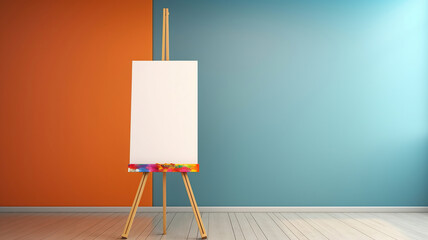 blank canvas easel next to color wall mockup. Generative Ai. Generative Ai