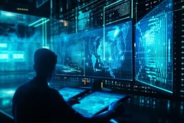 Men behind computer screen, security data concept, blue colors, Generative AI