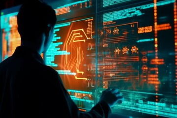 Men behind computer screen, security data concept, orange and teal colors, Generative AI