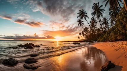 Foto op Plexiglas Paradise beach sunset or sunrise with tropical palm trees. Generative Ai © vectorizer88