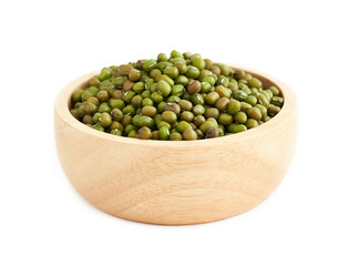green mung bean vigna radiata in wood bowl isolated on white background. pile of green mung bean vigna radiata isolated. green mung bean vigna radiata isolated                              