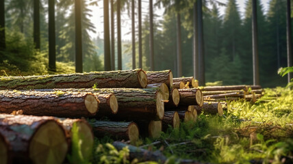 Forest pine and spruce trees. Log trunks pile, the logging timber wood industry. Generative Ai