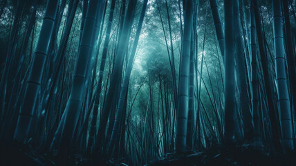 Fototapeta premium Dark creepy Bamboo forest with a mysterious light. Generative Ai