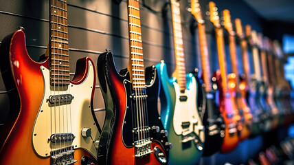 A row of different electric guitars hanging in a modern musical shop. Generative Ai