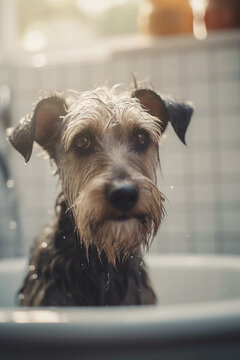 Funny cute dog sitting in bathtub. Home, bathroom.Dog spa. Dog grooming. Pet care, washing paws