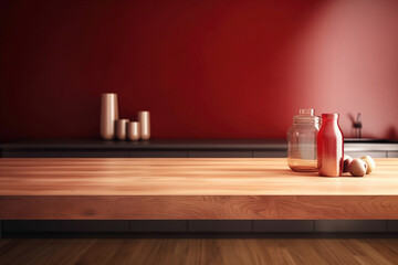 A wooden table with jars and a burgundy-colored kitchen with a blurred background. (Generative AI)