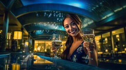 Fototapeta na wymiar ナイトプール・スパでお酒を飲む水着姿のアジア人女性（Generative AI） 