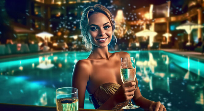 ナイトプール・スパでお酒を飲む水着姿の白人女性（Generative AI）
