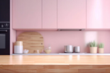 Naklejka na ściany i meble A pink-colored kitchen with a blurred background. (Generative AI)