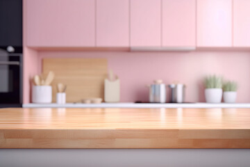 Fototapeta na wymiar A wooden table and a pink-colored kitchen with a blurred background. (Generative AI)