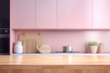 An empty wooden table and a blurry pink kitchen wall background. (Generative AI)