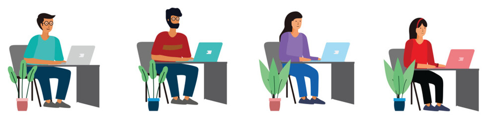 collection illustrations of young men and women working on computers at their desks