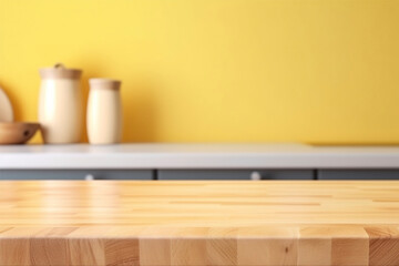 A yellow-colored blurred kitchen wall with an empty wooden table. (Generative AI)