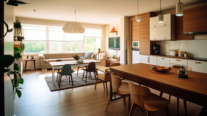 Modern interior Apartment Living and Kitchen design with wooden furniture. Generative Ai