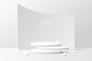 Naklejka na ściany i meble Modern white steps 3d cylinder podium or product display stand with geometric shape backdrop and glowing sphere balls. 3d stage for show cosmetic. product display presentation. 3d vector rendering