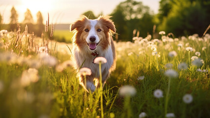 Happy running dog in the grass meadow. Generative Ai