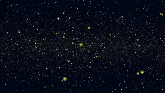 Night galaxy with flying random neon glitters and dust, motion abstract futuristic, space and holidays style background