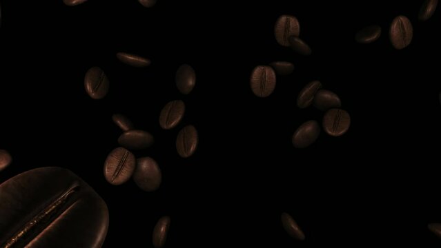Roasted coffee beans falling towards the viewer. black background. slow motion. promotional video. 3D rendering
