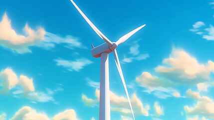 Fototapeta premium Wind turbine in the cloudy blue sky - Renewable energy and sustainability illustration - Generative AI