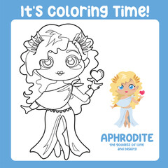 It’s coloring time. Colouring worksheet of Aphrodite Goddess of love and beauty. Ancient Greece mythology. Greek deity theme elements. Coloring page activity for kids. Vector file.