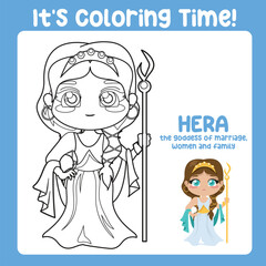 It’s coloring time. Colouring worksheet of Hera Goddess of the marriage. Ancient Greece mythology. Greek deity theme elements. Coloring page activity for kids. Vector file.