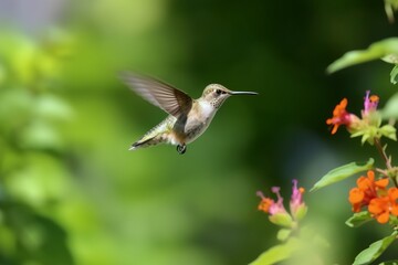 Fototapeta na wymiar Tiny hummingbird over bright summer - Generative AI