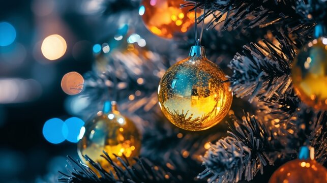 christmas ball on a tree. christmas lights. abstract background with bubbles. Generative AI