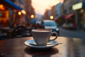 Coffee mockup on table with blurred urban background, AI generated