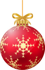 Christmas tree decoration elements with luxurious red and golden color and golden ribbon. 3D ball design with snowflake and stirp art. Realistic 3D ball design collection for Christmas tree decoration