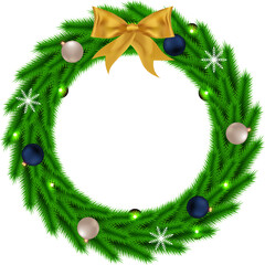 Christmas green wreath design with blue and white decoration light balls. Green color wreath design with lights and snowflakes. Christmas wreath design with calligraphy and dark blue color background.