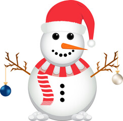 Christmas Snowman with a Santa hat. Snow falling background. A Snowman with decoration balls. Christmas element design with blue and white decoration balls, a Santa hat, carrot nose, and snowballs.