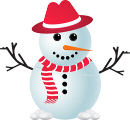 Christmas Snowman with a red hat. Snow falling background with a snowman. A Snowman with a red scarf. Christmas element design with tree branches, a red hat, carrot nose, snowballs, and snowflakes.