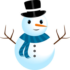 Christmas snowman with cute eyes and a magician hat. A cute snowman on a snow falling background. Christmas snowman design with tree branches, buttons, a carrot nose, neck scarf, and smiling face.