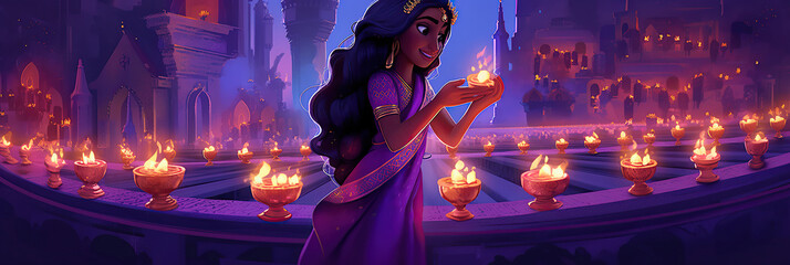 Ai generated illustration of Beautiful Indian women in saree enjoy diwali festival