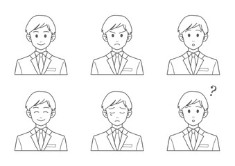 スーツの男性　表情セット（バストアップ・線画・ベクター）