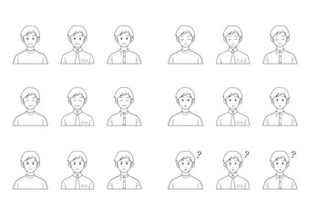 男性　表情セット（バストアップ・線画・ベクター）