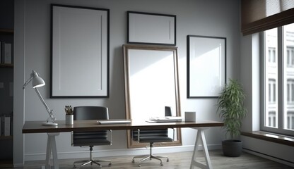 A big white blank frames hanging on wall. Modern wooden office interior. Generative AI.