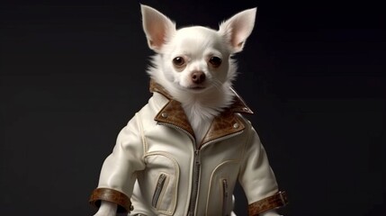 A white chihuahua wearing a leather jacket. Generative AI.