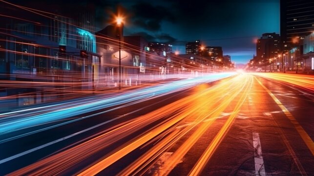 Abstract long exposure dynamic speed light trails in an urban environment. Generative AI.