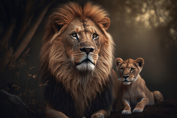 Fototapeta na wymiar Lion with cub in natural habitat. Generative AI