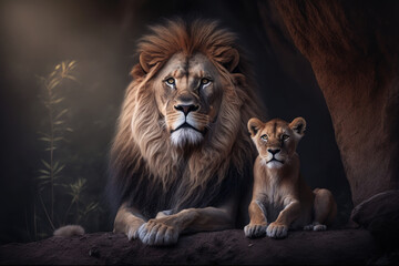 Fototapeta na wymiar Lion with cub in natural habitat. Generative AI