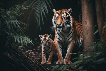 Fototapeta na wymiar Tiger with cub in natural habitat. Generative AI
