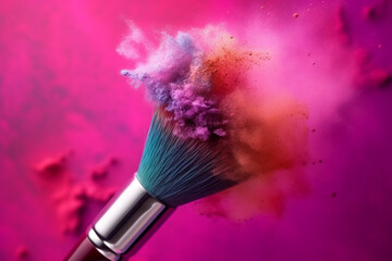 Cosmetics brush and explosion colorful makeup powder, Generative AI